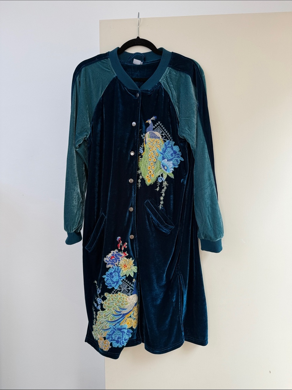 Embroidered Velvet Long Jacket - Teal/Forest Green